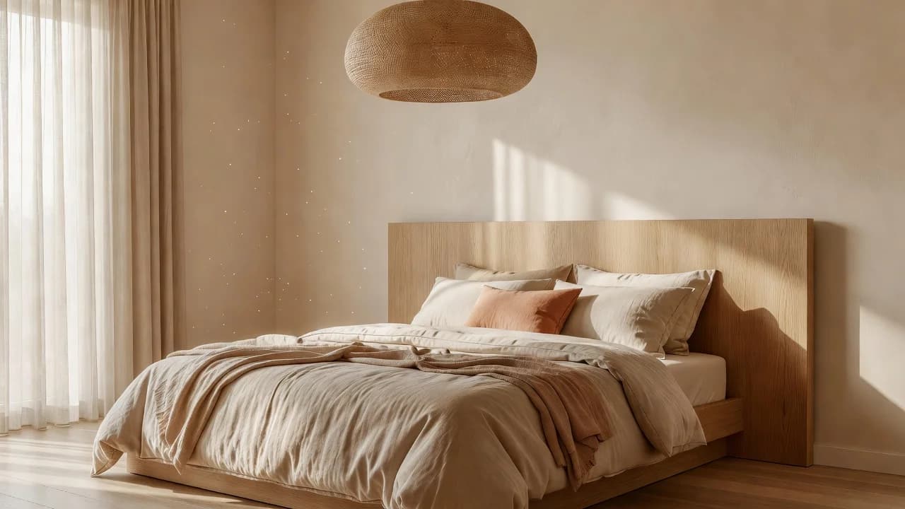 Bright, beautifully redesigned bedroom in warm oat and ivory tones as an example of a best-in-class AI interior design result