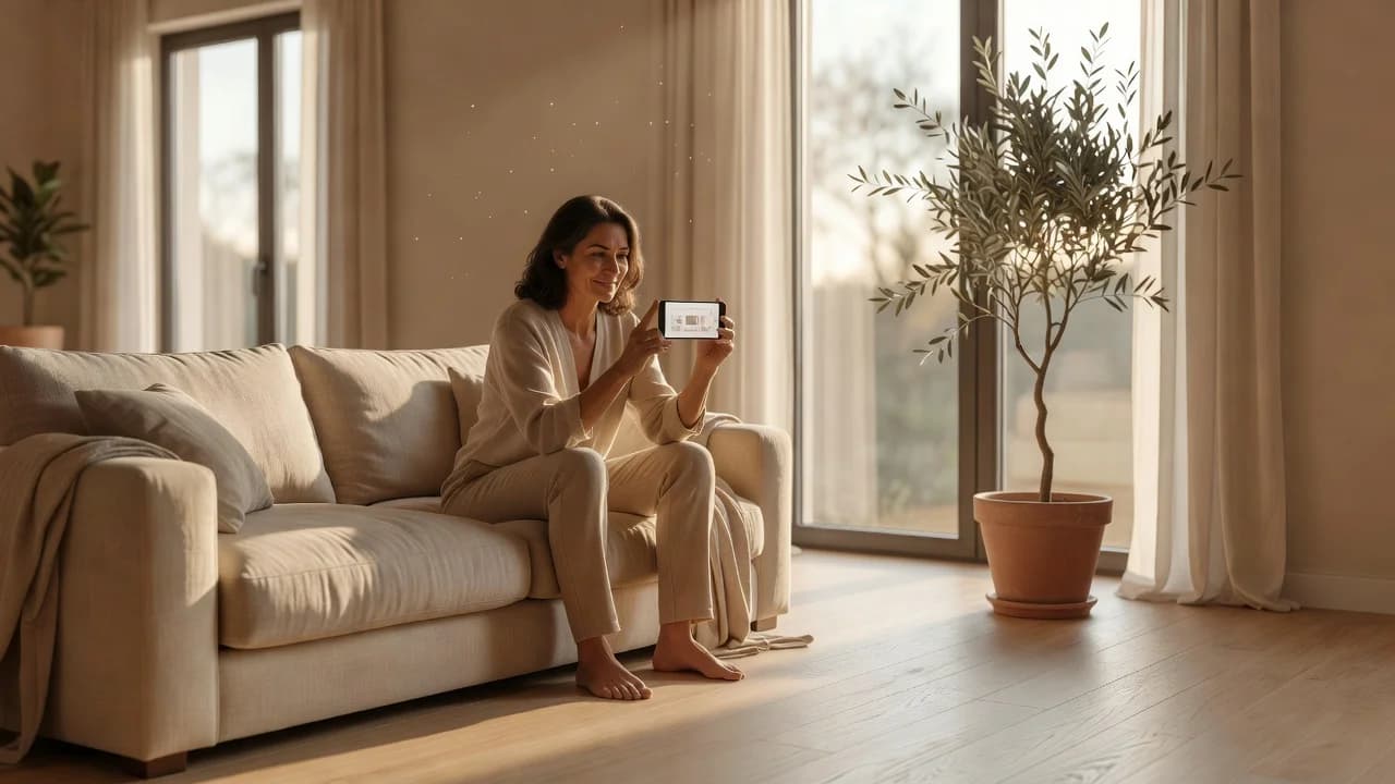 Homeowner using a smartphone AI interior design app in a sunlit, newly redesigned living room