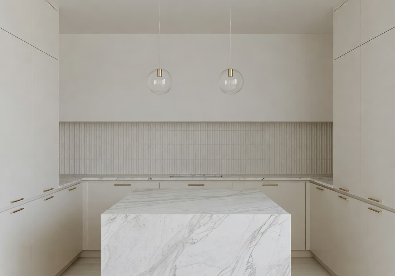 AI design kitchen in minimalist style with marble island generated by DecorAI